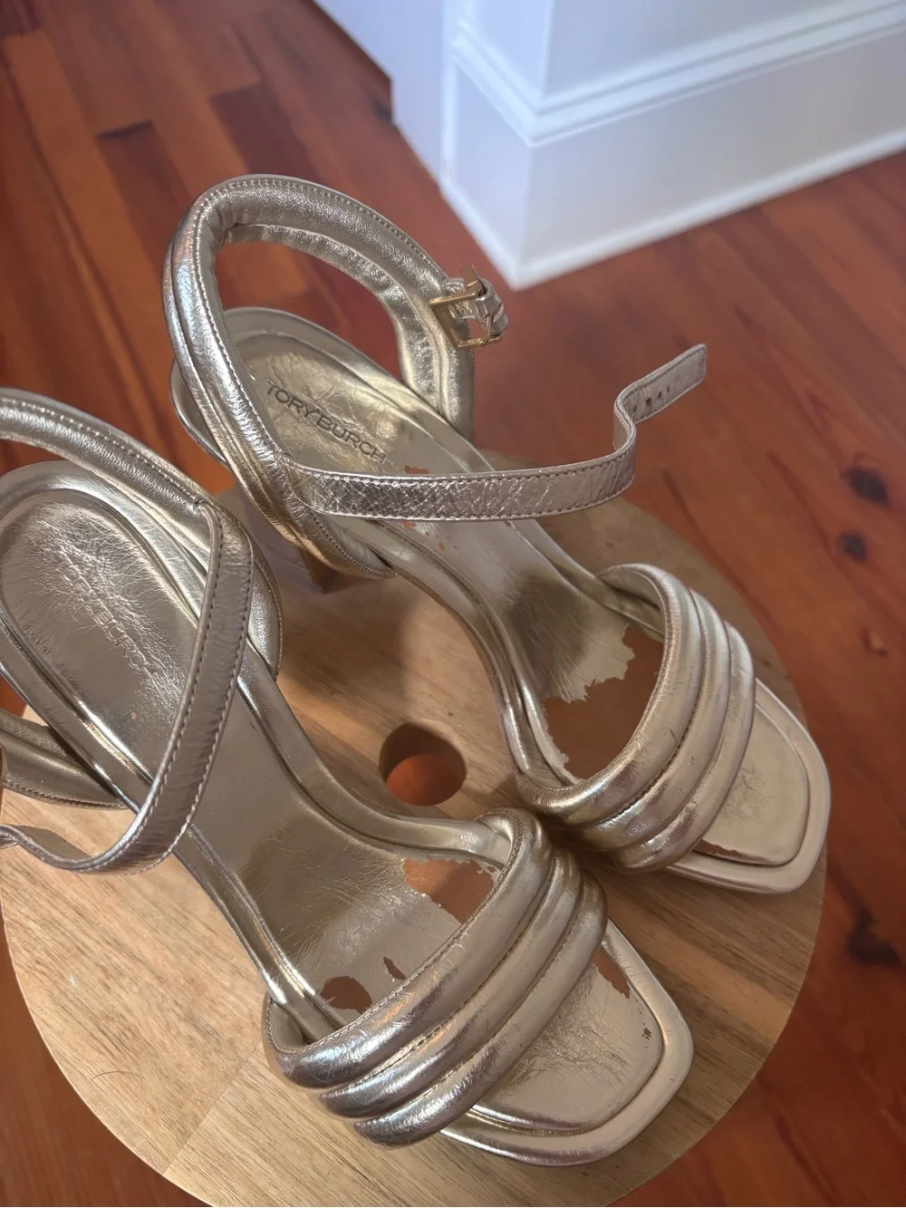 Tory Burch Metallic Gold Strappy Block Heel Sandals - Women's